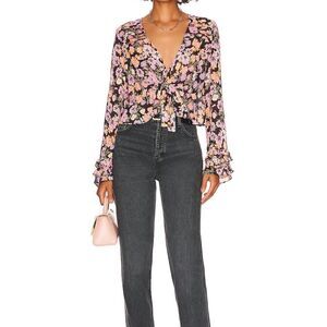 NWT Free People Maybel Top Sheer Floral Plunge V Neck Ruffled Cuff Bell Sleeves